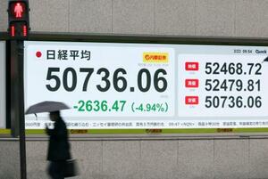 下げ幅が一時2600円を超え、5万1000円を割り込んだ日経平均株価を示すボード=23日午前、東京都中央区
