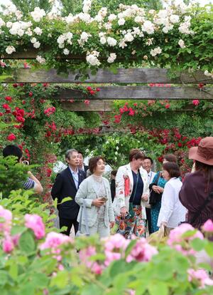 みつけイングリッシュガーデンを視察する英国王立園芸協会の審査員=2023年6月6日、見附市新幸町