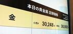 　１グラム当たり３万２４８円の金の店頭販売価格を表示する「田中貴金属　銀座本店」の電光掲示＝２９日午後、東京・銀座
