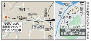 　京都府南丹市、市立園部小、安達さんの通学用リュックが見つかった山中