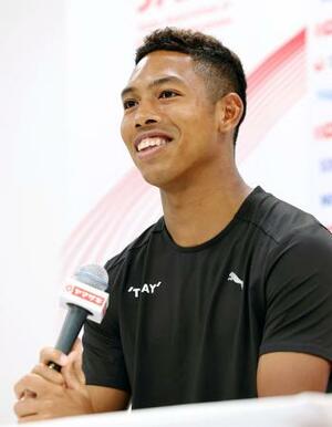 陸上の日本選手権開幕を前に記者会見するサニブラウン・ハキーム=3日、東京・国立競技場(代表撮影)