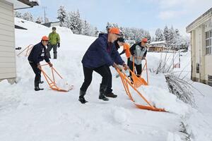雪かきボランティアに励むオイシックス新潟アルビレックスBCの選手たち=2月11日、長岡市山古志虫亀