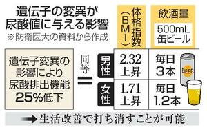 　遺伝子の変異が尿酸値に与える影響