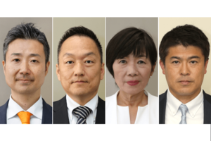 左から届け出順に諸派新人の遠藤弘樹氏、ＮＨＫ党新人の越智寛之氏、立憲民主党現職の森裕子氏、自民党新人の小林一大氏