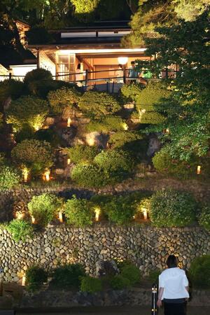 建物や新緑が光に照らされ、幻想的な雰囲気に包まれた「楽山苑」＝１５日夜、長岡市与板町与板