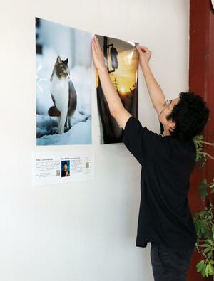 三-Me.で「地域おこし協力隊卒業写真展」の作品の展示作業をする鴨井駿亮さん=三条市神明町