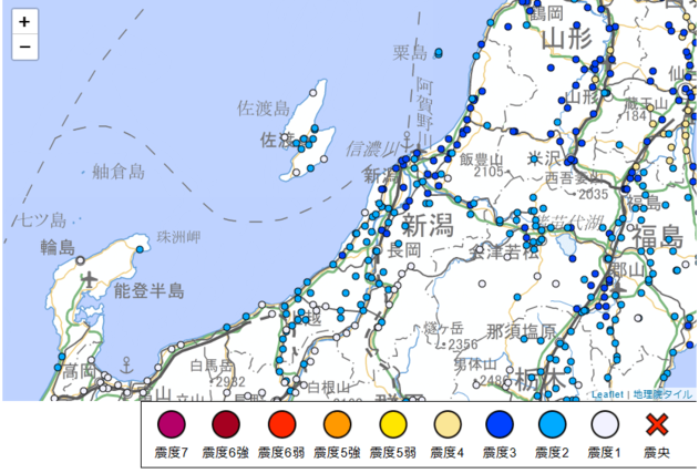 新潟県内の震度（気象庁HPより）
