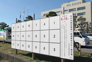 胎内市議選に向けて設置されたポスター掲示板=胎内市役所前
