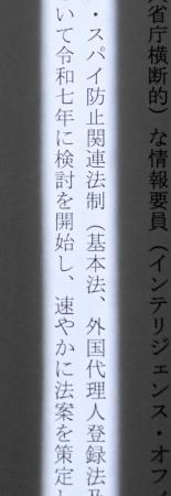スパイ防止法関連法制について記された、自民党と日本維新の会の連立政権合意書
