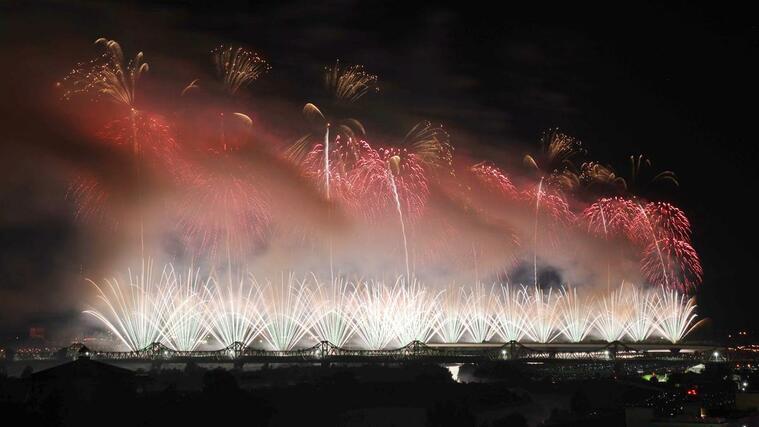夜空を彩った「復興祈願花火フェニックス」=8月2日午後8時30分ごろ、長岡市
