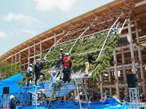 大阪・関西万博会場の野外ステージで行われた、松葉ぶきの屋根のふき替え作業=7日午前、大阪市此花区の夢洲