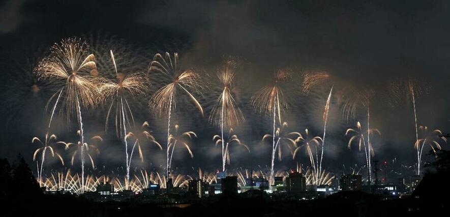 夜空を彩った長岡花火「復興祈願花火フェニックス」＝２０２５年８月、長岡市