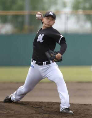 オイシックス戦で好投するロッテの田中晴也=4月、新潟市