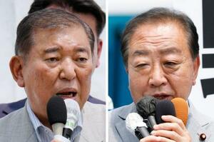 街頭演説する自民党総裁の石破首相(左)と立憲民主党の野田代表=4日
