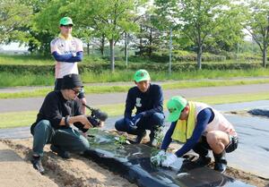 配信動画向けに農作業をするアルビレックス新潟の選手ら=新潟市中央区清五郎