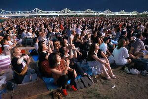2023年の長岡まつり大花火大会で花火を見上げる人々=2023年8月2日、長岡市