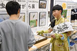 イベントで佐渡の昆虫の魅力を伝える上之山篤人さん(右)=新潟市江南区(上之山さん提供)