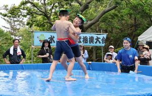 かっぱの皿の飾りをかぶった子どもたちが熱戦を繰り広げた水上相撲=6日、上越市大潟区四ツ屋浜