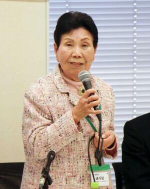 超党派の国会議員連盟の総会で、袴田巌さんの再審を振り返る姉ひで子さん=8日、国会