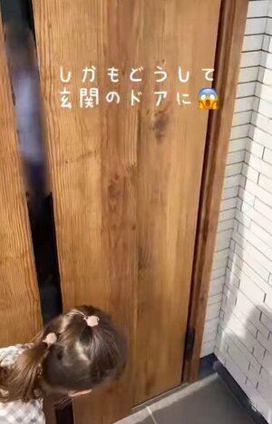 玄関扉に異変を見つけた娘さんとママ。（写真提供@hami__sumirin_house）