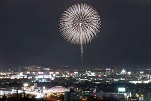 日米開戦81年に合わせ、打ち上げられた慰霊の花火「白菊」=8日午後5時ごろ、長岡市