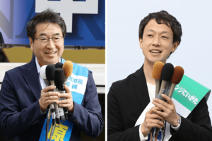 中原八一氏(左)と鈴木映氏=10月9日、新潟市中央区