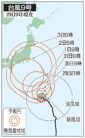 台風9号の5日先予想進路(29日9時現在)