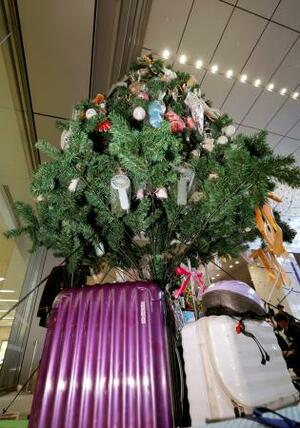 JR博多駅に設置された、持ち主が見つからなかった忘れ物で飾り付けられたクリスマスツリー=10日午後