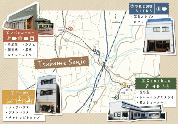 取材で巡った燕三条地域の四つの施設。複数の業態やサービスを組み合わせた独自の経営で、人々が集う、居心地の良い空間をつくり出している(コラージュはデジタル・グラフィックスセンター・吉田梨花)