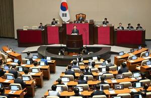26日、ソウルの韓国国会で施政方針演説を行う李在明大統領(共同)