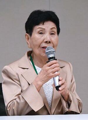 集会で再審を巡る法改正を訴える、袴田巌さんの姉ひで子さん=7日午後、国会