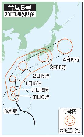 　台風６号の５日先予想進路（３０日１８時現在）
