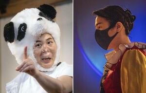 一人芝居「パンダのパン屋さん」(左)と「悪魔」の河除静香。自らの体験に基づくシナリオで演じている=2025年9月、富山県(撮影・今里彰利)