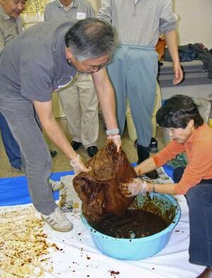 　衣類のみそ漬け実験に取り組む、袴田巌さんの支援者ら＝２００８年４月、静岡市
