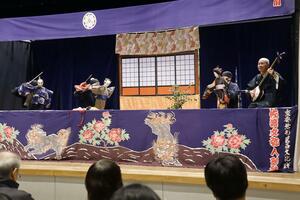 佐渡の人形芝居を伝承する団体や児童生徒が熱演を披露した定期公演=佐渡市中原