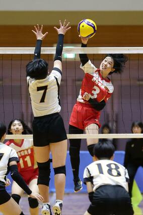 女子決勝 新発田商-長岡商 強打を放つ新発田商の齋藤星乃花(3)=小千谷市総合体育館