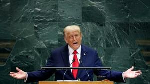 23日、国連総会で演説するトランプ米大統領=ニューヨーク(ロイター=共同)