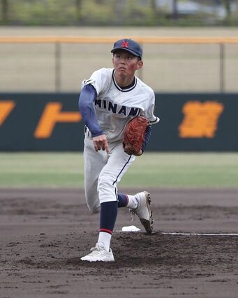 新潟南－佐渡総合　６回９奪三振と力投した、新潟南のエース山田侑一朗＝４月２８日、三条市パールスタ