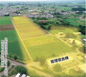 新潟大農学部の村松ステーション。研究チームの調査を基に、秘匿飛行場が建造されたとみられる場所を本社小型無人機で撮影し、滑走路跡とみられる場所を着色加工した=五泉市石曽根