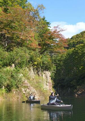 色づき始めた破間川渓谷をカヌーで巡る体験ツアー=魚沼市大白川