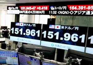 1990年7月以来約34年ぶりの円安水準を付けた円相場を示すモニター=3月27日午前、東京都港区の外為どっとコム
