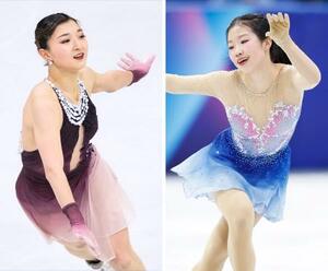 　ミラノ・コルティナ冬季五輪のフィギュアスケート女子フリーで演技する、銀メダルを獲得した坂本花織（左）と銅メダルの中井亜美＝１９日、イタリア・ミラノ（共同）