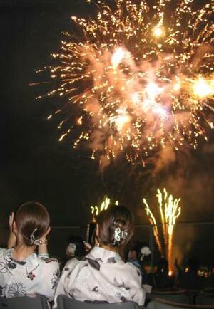 浴衣姿で大輪の花火を見上げる「成人式」の出席者=13日夜、山口県下関市