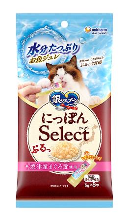 　ユニ・チャームの「銀のスプーンおやつ　にっぽんＳｅｌｅｃｔ　まぐろ節使用　水分たっぷりお魚ジュレ」