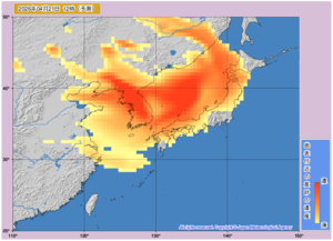 21日正午の黄砂解析予想図（気象庁ホームページより）