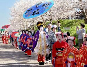 桜が咲き誇る会場を優雅に進むおいらん道中の行列＝１２日、燕市五千石の大河津分水桜並木