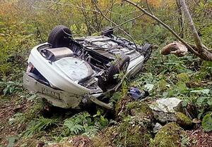 「白山白川郷ホワイトロード」の駐車場から崖下に転落した車=8日午後、石川県白山市(白山林道石川管理事務所提供)