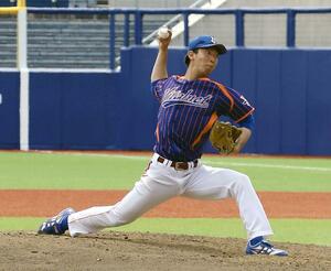 巨人３軍－バイタルネット　準決勝で５回無失点の好投を見せたバイタルネット先発の永島一樹＝エコスタ