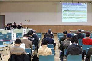 国の担当者が原発事故時の国の支援体制などを説明した住民説明会=2月14日、柏崎市