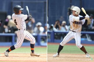 帝京長岡の主将木村昂暉(左)と新潟産大付の主将平野翔太=7月23日、エコスタ